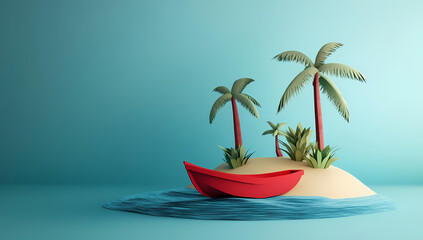 Island Paradise: A whimsical, picturesque island scene featuring a sandy shore, lush palm trees, and a vibrant red boat, evoking a sense of idyllic escape and adventure.