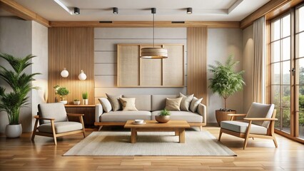 Fototapeta premium Modern Japandi Living Room Mockup with Blank Wall for Interior Poster Design, Minimalist Home Decor, Cozy Aesthetic, Drone Photography, Stylish Furniture, Natural Elements, and Warm Colors