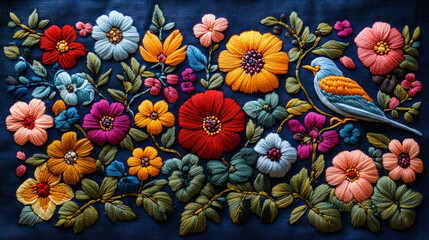 Colorful Floral Embroidery with Bird on Dark Fabric Background
