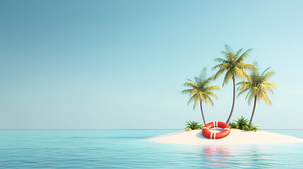 Obraz premium Paradise Island: A stunning view of a tropical island, adorned with swaying palm trees, with a lifeguard buoy nestled on the shore under a blue sky. 