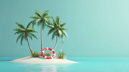 Obraz premium Island Oasis: A miniature tropical island paradise scene, boasting vibrant turquoise waters, a sandy shore, palm trees and a red and white lifebuoy, inviting a feeling of escape and relaxation.