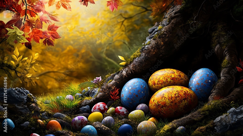 Poster painted easter eggs are gathered near a tree root with foliage in a forest environment, creating a w
