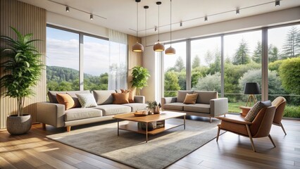 Fototapeta premium Modern Minimalist Living Room Design, Large Windows, Natural Light, Serene Space, High Depth of Field