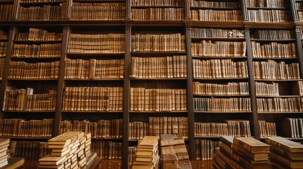 Obraz premium Antique books fill historic library shelves