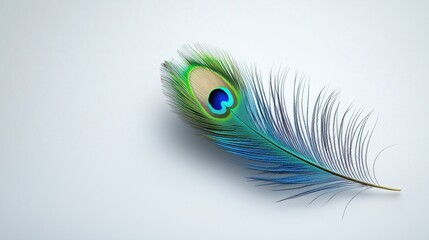 Colorful Peacock Feather on White Background with Iridescent Blue and Green Pattern