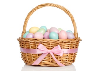Easter Basket Filled with Colorful Easter Eggs Isolated on White Background – Festive Holiday Decoration, Easter basket filled with Easter Eggs in isolated on a white background