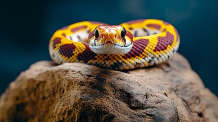 Obraz premium Patterned snake rests coiled atop a textured rock against a dark background, creating a striking contrast.