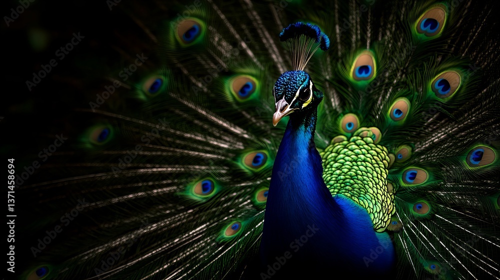 Poster peacock displays vibrant plumage feathers with intricate eye patterns against a dark background, cre