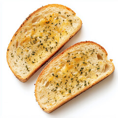 two slices of toasted garlic bread, Isolated on white Background.
