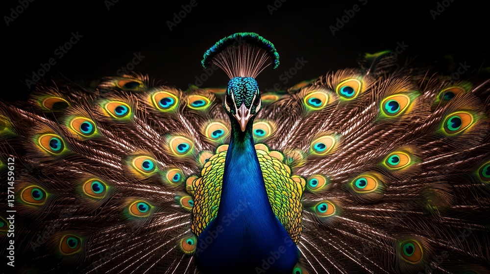 Poster peacock is displaying vibrant feathers against dark background, showcasing the iridescent patterns o