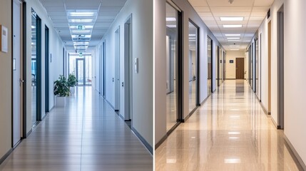 Modern Office Hallway Design Comparison: Interior Doors and Plant Decor 
