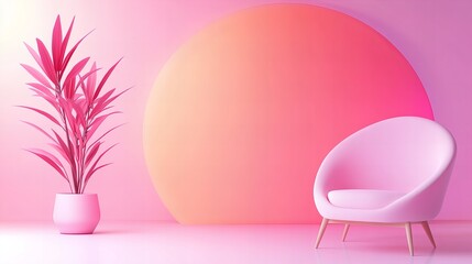 Pink armchair sits on a glossy floor with a potted plant and circular backdrop in a monochromatic room.