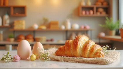 Naklejka premium Croissant and easter eggs in bakery