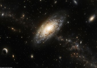 Fototapeta premium dwarf galaxy orbiting a larger galaxy where different nebulas, white dwarfs, and pulsars can be observed