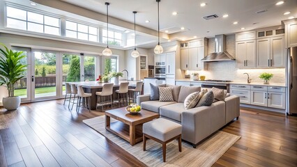 Modern Open Concept Kitchen Living Room Design, Bokeh, Hardwood Floors, Large Island, Stainless Steel Appliances