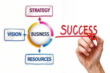 A hand writes success in bold red, illustrating the vital links between vision, strategy, and resources in achieving business goals. Creativity and planning are key.