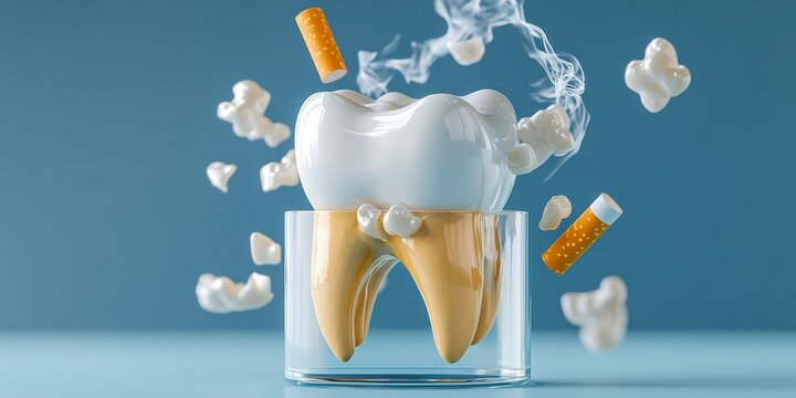 Close-up dental photography of oral health problems caused by smoking, yellowed teeth, gum disease, detailed medical illustration, educational dental chart style, clinical lighting, 