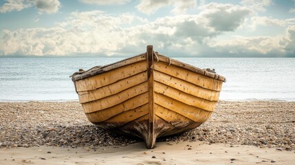 wooden boat on pebble beach sea scenery background 