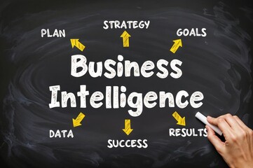 Chalkboard features the concept of business intelligence, highlighting important elements like strategy, goals, and success through unique illustrations and hand-drawn text.