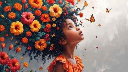 Girl Gazing at Beautiful Floral Mural with Butterflies