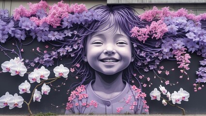 Surreal Street Art Featuring a Smiling Girl and Flowers