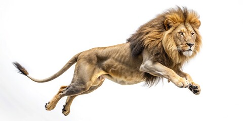 Obraz premium Majestic Leap: Powerful Jumping Lion Wildlife Photography
