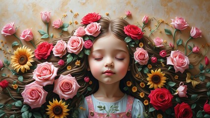 Whimsical Mural of a Cute Little Girl Surrounded by Flowers