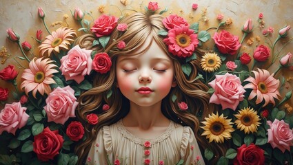 Whimsical Mural of a Cute Little Girl Surrounded by Flowers