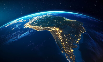 Obraz premium Nighttime Glimpses of South America from Space: Capturing the enchanting image of South America at night, a tapestry of city lights sparkles against the backdrop of space.
