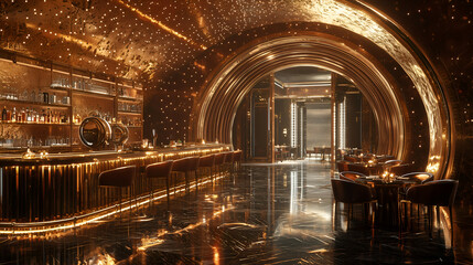 Luxury Bar and Restaurant Interior: Modern Design with Gold Accents and Chic Ambiance for Upscale Nightlife and Fine Dining Experience