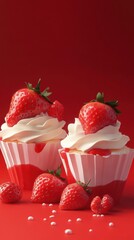 Two strawberry cupcakes with whipped cream and red frosting sit on a red surface