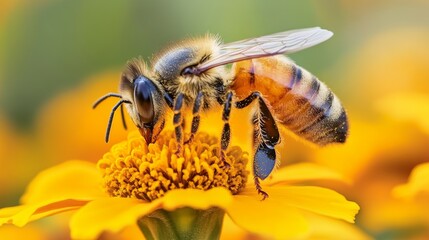 Honeybee Pollinating Marigold: Sunny Floral Scene 