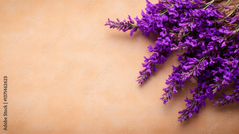 Poster purple flowers are arranged in the corner of a beige surface, creating a visually appealing composit