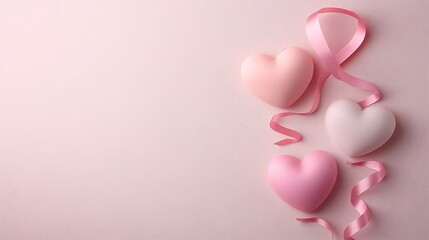 Pink hearts and ribbon arrangement on a soft pink background