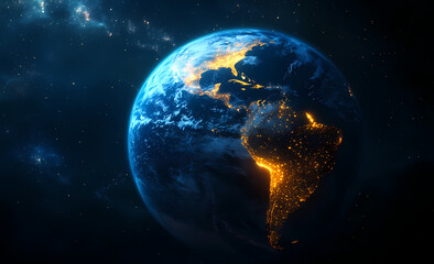 Obraz premium Planet Earth: A breathtaking view of Planet Earth, showcasing the intricate details of continents with city lights shining in the darkness.