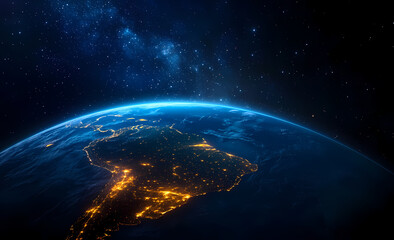 Obraz premium Earth's Embrace: A breathtaking view of planet Earth from space, illuminating the continents with city lights against a backdrop of a starlit cosmos, representing our home.