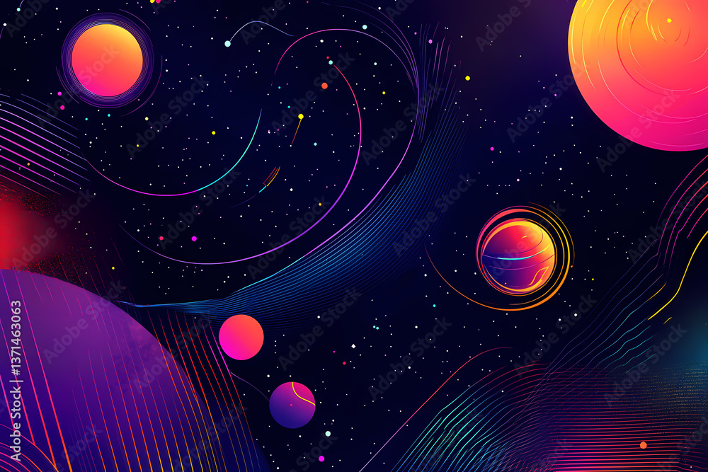 Poster celestial symphony: a mesmerizing display of colorful celestial bodies and cosmic swirls, against a 