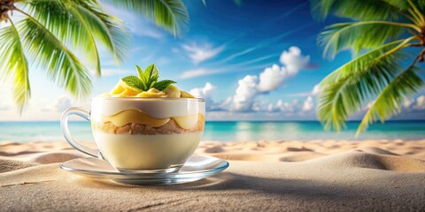 Obraz premium Minimalistic Vanilla Dessert in Cup at the Beach - Summer Vibes, Double Exposure Photography, Food Aesthetics, Relaxing Atmosphere, Tropical Setting, Sweet Treats