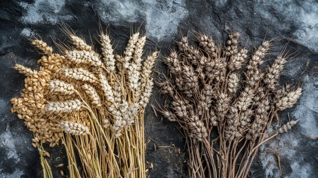 Wheat and Tares: Healthy Grain vs Dried Stalks on Stone 