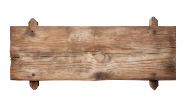 A rustic wooden sign with visible wood grain and supports