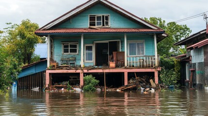 Obraz premium Flooded House Climate Change Impact Water Damage 