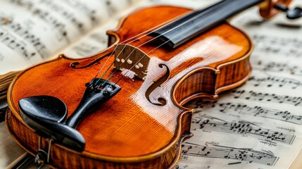 Fototapeta premium A beautifully crafted violin resting on a sheet of musical notes
