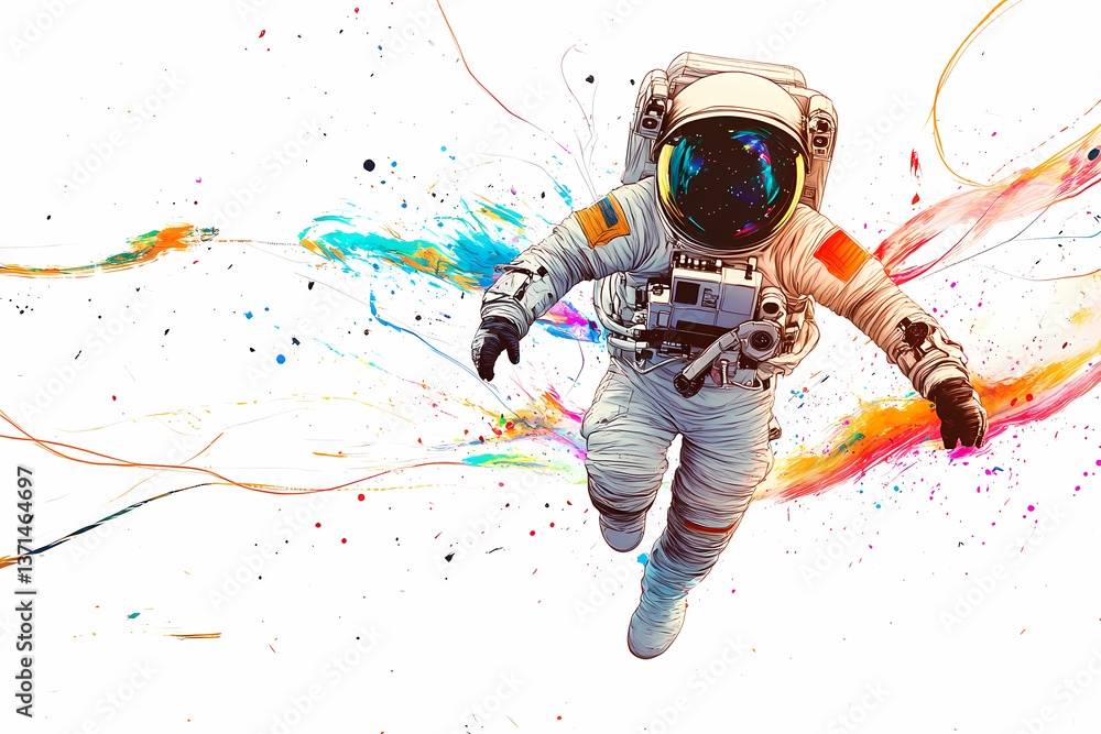 Poster astronaut's colorful dream: a bold depiction of an astronaut floating against a backdrop of vibrant 