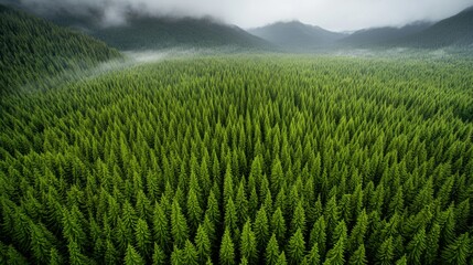 Lush green forest landscape with dense coniferous trees and misty mountains