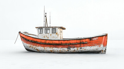 Abandoned Vintage Fishing Boat in Northeastern Harbor: A Rusty Silhouette on a Still Seascape