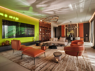neon-lit luxury living room with a striking lime green accent wall, terracotta seating, copper accents, and layered lighting, creating a sleek and futuristic ambiance