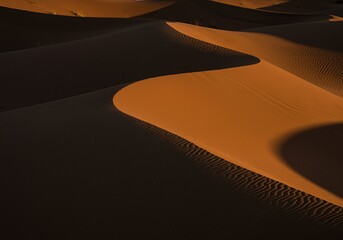 A dramatic view of sand dunes with strong shadows and textures at sunset in a desert landscape