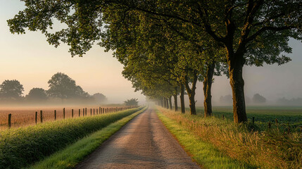 Obraz premium Serene Countryside Road at Dawn, Misty Morning Landscape