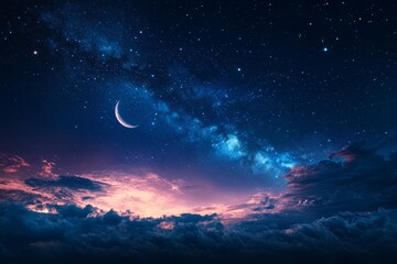 A night sky illuminated by countless twinkling stars, with a crescent moon hanging on the horizon