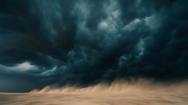 Powerful storm rolling over vast desert landscape, dark ominous clouds, sand blowing in wind, dramatic environmental scene